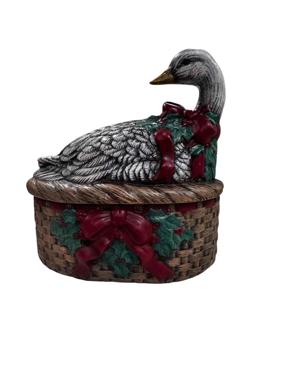 Vintage Ceramic Christmas Goose Hen on Nest Duck Decorative Duck Box